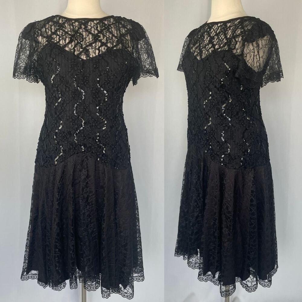 Vtg Formal Dress Plus Size 20 Black Lace Sequin Drop Waist Gothic Whimsigoth 80s